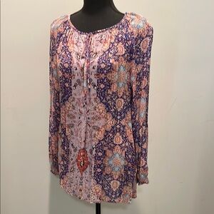 Lucky Brand Top Blouse Women Size M Multicolor Print Long Sleeves Lightweight